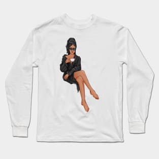 Brunette Girl with Coffee in Black Robe Long Sleeve T-Shirt